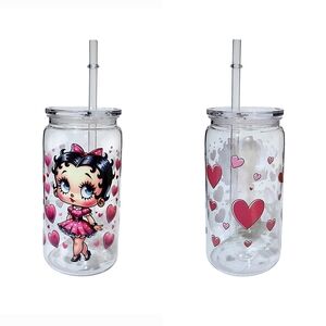 Betty Boop Hearts Acrylic Plastic Tumbler Cup 16oz Clear Pink